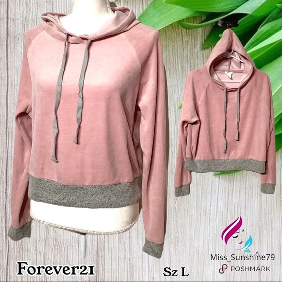 Forever 21 Tops - Forever21 - Sz L - velvet blush pink crop hoodie gray sweatshirt trim